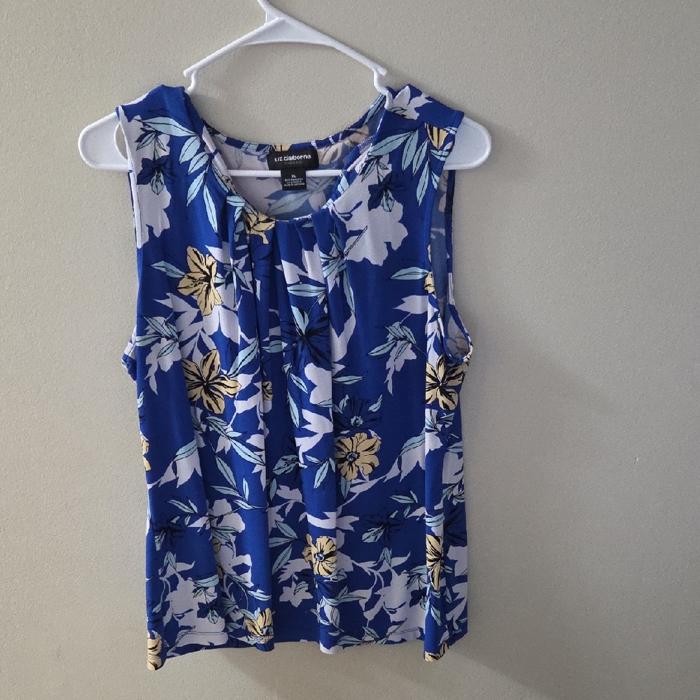 Liz Claiborne  Blue White and Yellow Pleated Sleeveless Blouse